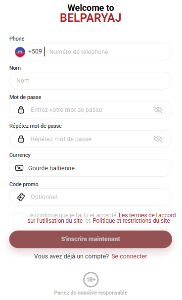 Écran d'inscription sur l'application Bel Paryaj — formulaire de création de compte